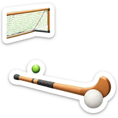 A field hockey stick and ball resting on a well-maintained green grass field, with the goalposts and markings visible in the background. The scene highlights the precision and focus of the sport, with the vibrant green pitch creating a dynamic atmosphere. sticker