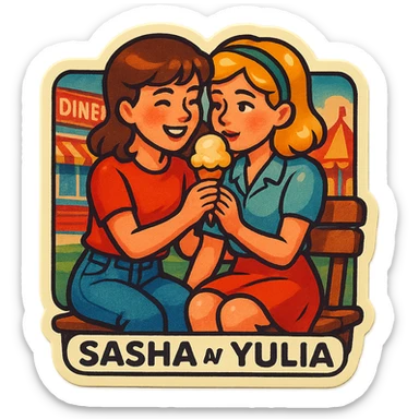 Sticker of Sasha and Yulia, two young lovers, in a retro and vintage style, with a grainy texture and faded colors, sitting on a bench and sharing an ice cream cone, with a background of a diner or a fairground. sticker