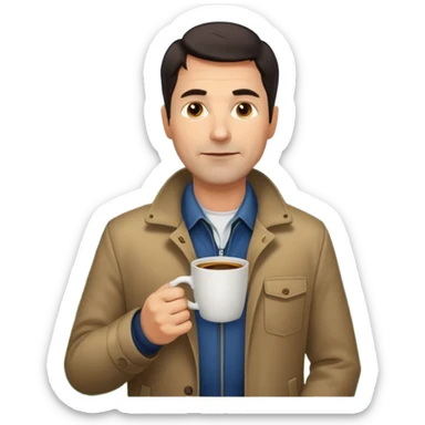 A handsome 45 year old white man with dark hair in a very foggy park drinking a cup of coffee sticker