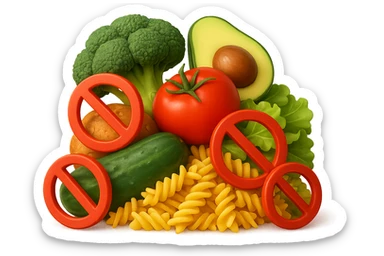 EMOJI STILE IPHONE DI UNa montagna di cibo sano tipo broccoli, pomodori, pasta ecc con divieti 3d sparsi, IPERREALISTICO 4K sticker