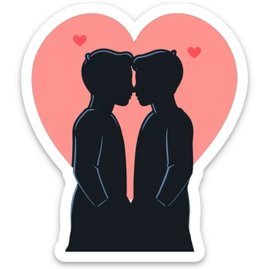 Two silhouettes embracing in a passionate moment with hearts floating around sticker
