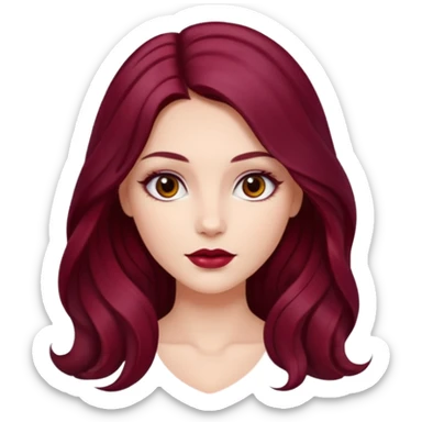 Draw a young glamorous woman with LONG dark burgandy cherry hair in a MIDDLE PART styled slightly wavy sticker