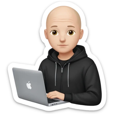 bald young programmer with MacBook wears hoodie  no scalp wrinkle sticker
