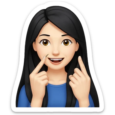 Haz una imagen de una mujer con cabello negro largo , con una sonrisa en su cara y la punta de su dedo indice mordido entre sus dientes sticker