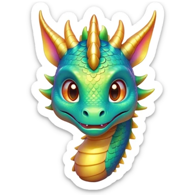 Cinematic Cute Dragon Portrait Emoji, Head tilted playfully and inquisitively, with a sleek, serpentine body adorned in iridescent scales and a charming, expressive face featuring subtle, delicate horns, round, sparkling eyes brimming with curious magic, Simplified yet irresistibly adorable features, highly detailed, glowing with a warm, enchanting glow, high shine, affectionate and mystical, stylized with a touch of whimsical fantasy, soft glowing outline, capturing the essence of a mischievous yet loving dragon that feels like it could slither out of the screen into your arms! sticker