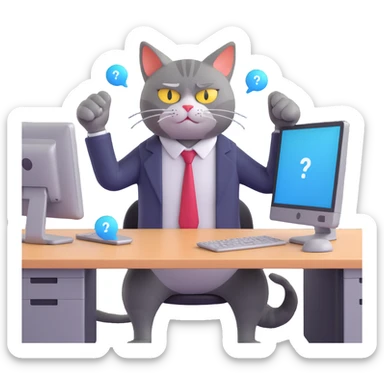 pissed off cat in business clothes arms crossed tail twitching angrily sitting at cubicle glaring at computer screen with chat bubbles of silly questions looking completely done with day sticker