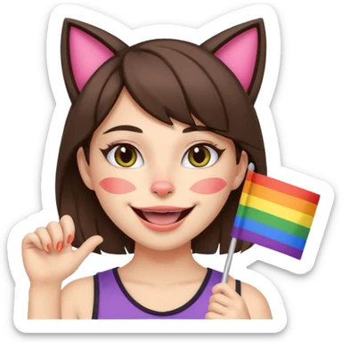 brunette girl with cat ears and doing cat pose with gay flag in mouth sticker