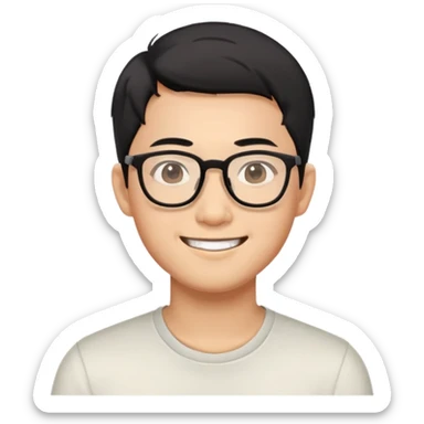 Asian man with short black hair, glasses, friendly smile, Josh Lim character sticker