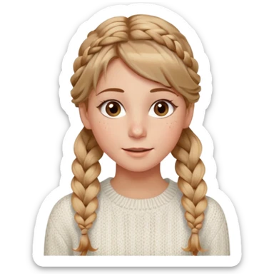 light brown hair blonde hair hazel eyes woman with a white cable knit sweater thatand one braid down her back  with tendrils of hair flowing down her face and she is happy pale, some freckles, blush. she has a cateye wing and long lashes sticker