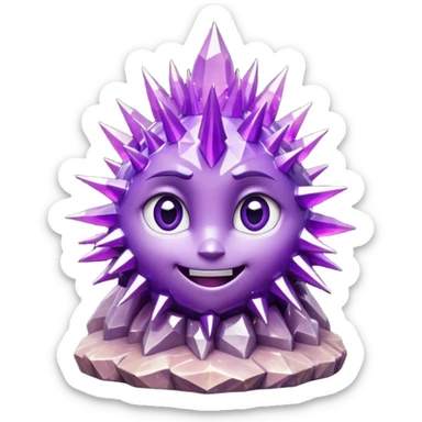One spiky amethyst crystal rock character, short thick base covered in tall purple crystal spikes like a quartz cluster, faceted and sharp, adorable round face carved into the front of the base with big glossy eyes and a smile, 3D render, high detail, isolated on dark background.” sticker