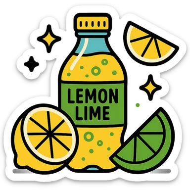 Place the bottle of lemon-lime soda with lemon and lime wedges on a solid black background, keep the TikTok-inspired vibrant cartoon style. sticker