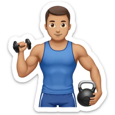 athletic man with blue shorts holding kettlebell sticker