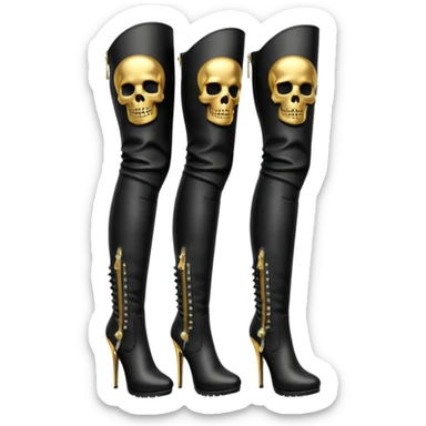 black color, zipper with sparkling silver and gold detailed  skull embellishment on side, thigh high boots sticker