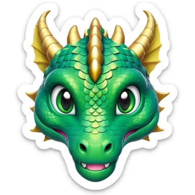 Cinematic Cute Dragon Portrait Emoji, Head tilted playfully and inquisitively, featuring a sleek, serpentine form adorned with iridescent scales that shift between emerald and gold, a delicate set of subtle horns, and round, sparkling eyes full of curious magic; rendered with realistic detail and warm natural light, high shine, affectionate and enchanting, styled with a touch of whimsical fantasy, soft glowing outline, capturing the essence of a mischievous yet lovable dragon that seems poised to slither playfully into your arms! sticker