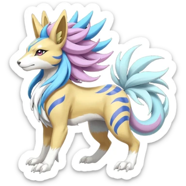 Colorful Skilled Adept Graceful Asian Painted WereGarurumon-Suicune-Linoone-Meloetta-Renamon-fusion-hybrid-creature (full body) sticker