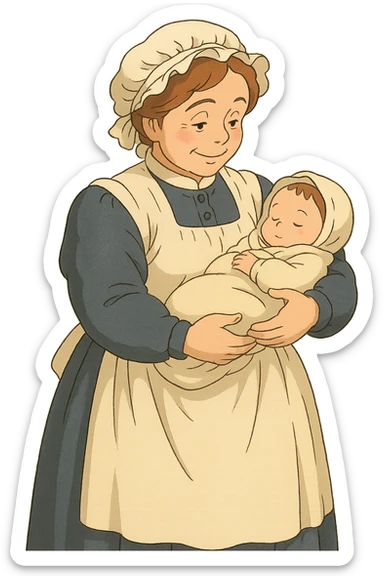 victorian midwife with background holding a baby sticker