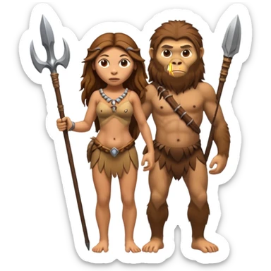 buxom female Neanderthal with monkey body, human face, long hair, holding a spear, fullbody sticker