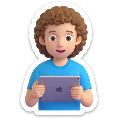 kid holding an iPad, boy with curly hair, blue t-shirt, excited expression sticker