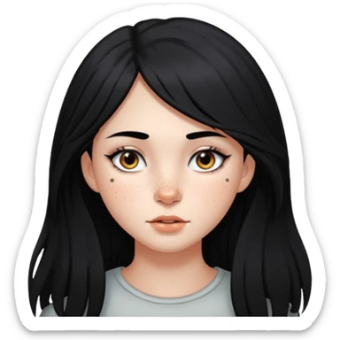 Girl with long wolf cut black hair freckles on her cheeks and have black eyes sticker
