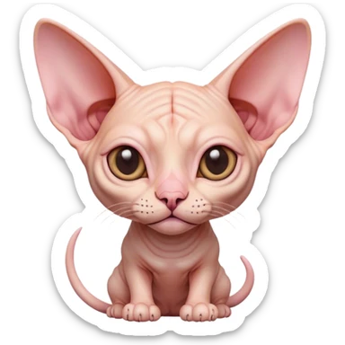 Cinematic Cute Sphynx Cat Portrait Emoji, Head tilted playfully and inquisitively, soft, wrinkled skin in warm peach and pink hues, oversized ears and wide, expressive eyes filled with curiosity, Simplified yet irresistibly adorable features, highly detailed, glowing with a warm, friendly glow, high shine, affectionate and lively, stylized with a touch of whimsy, bright and endearing, soft glowing outline, capturing the essence of a mischievous yet loving kitten, so playful it feels like it could pounce out of the screen and into your arms! sticker