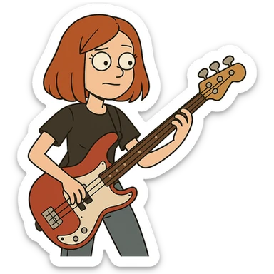 girl with red hair and red bass guitar, long bob hairstyle sticker
