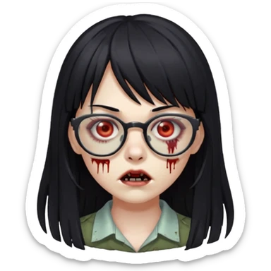 zombie girl who has long black hair, bangs and glasses with cuts under both of her eyes sticker