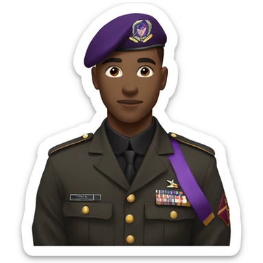Young man, 19 years old, in black military uniform, with purple insignia. On the left of the uniform it says KDS sticker