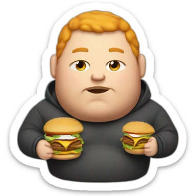 Fat man wearing a hoodie and headphones, ginger, eating a burger sticker