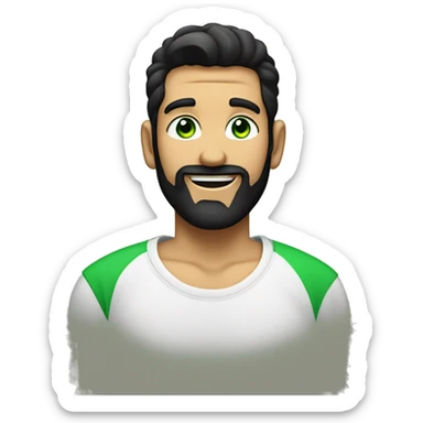 Slick back black hair, short bearded man with green eyes laughin, muskular in a black t sh sticker