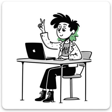 Alternative rocker girl with green and black hair, nose ring, neck tattoo, wearing combat boots and studded leather jacket, confidently raising hand while sitting at desk with laptop in music class sticker