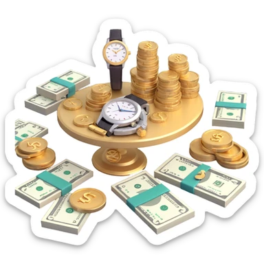 modern 3D table with gold and silver jewelry, a high-end wristwatch, and piles of money, realistic style sticker