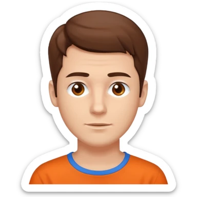 male, white skin, brown hair, brown eyes, orange shirt and blue collarbone sticker