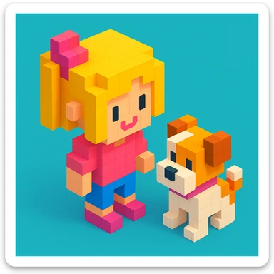 create a voxel style 3d image girl and  her dog, colored background sticker