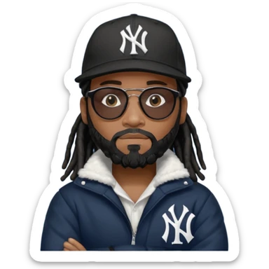 African American man with shoulder length black dreadlocks and black beard wearing black sunglasses with a New York Yankees baseball cap wearing a dark black bubble winter coat with arms folded sticker