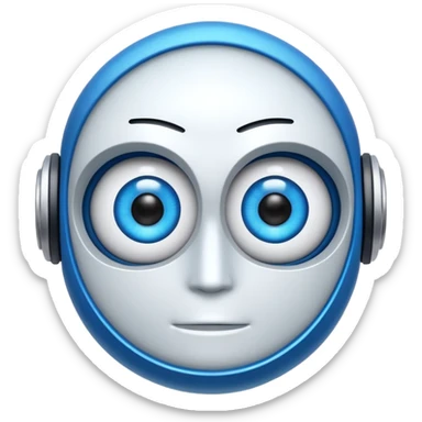 “Um robô branco e azul, com olhos digitais grandes, jeito atrapalhado e aparência muito fofa.” sticker