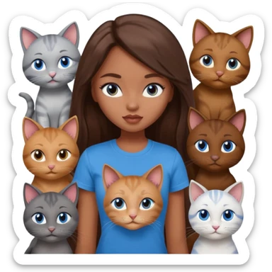a pretty bratz dusky girl with long brown hair, blue eyes with six cats nd wearing a grey tshirt sticker