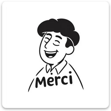 laughing man with black beret, modern look, the word 'Merci' as part of the design, text prominent, hand-drawn notion style sticker