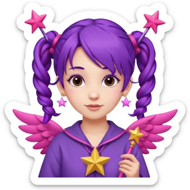 Create an emoji of a fairy-like woman with purple hair tied into two pigtails, red stars in her hair, wearing a pink outfit and pink wings. She is holding a pink star-shaped wand and wearing purple circular earrings. sticker