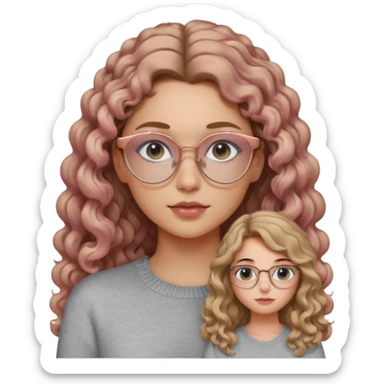 aesthetic white girl with dark blonde, long curly hair , in front of the girl's sholders and black eyes  , light grey sweater top and rose gold glasses sticker