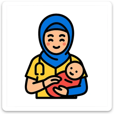Add a baby in her arms, keep her comforting a patient, warm and professional, keep the background. sticker