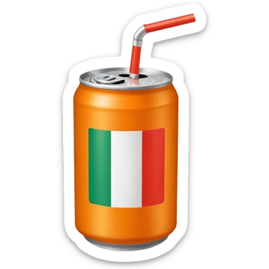 A drink can, orange, with the italian flag. With a straw coming out of it striped white and red  sticker