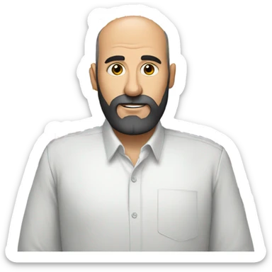Balding man with black beard, cross on shirt, holding lots of pens  sticker