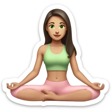 Dark brown long hair and green eyes yoga beautiful girl in light pink pink pink clothes sitting on a yoga mat sticker