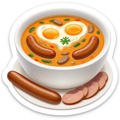Cinematic Realistic ≈ªurek Soup Dish Emoji, depicted as a tangy, creamy rye soup with sausage and egg rendered with detailed textures and warm, comforting lighting. sticker