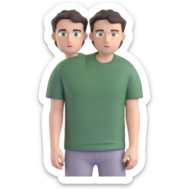 white man with dark messy short hair, dark green eyes, wearing a gray t-shirt sticker