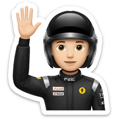 A red-bull f1 driver wearing the f1 black suit and helmet raising his hand as he celebrate sticker