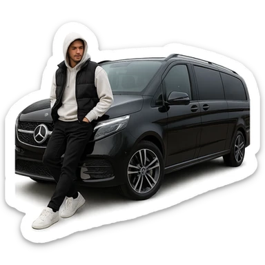 A stylish male character in white sneakers, black pants, white hoodie, black vest, hood up, leaning on a black 2024 Mercedes-Benz V-Class Extra Long 300 d, isolated on a transparent background, full-body, ultra realistic, no text. sticker