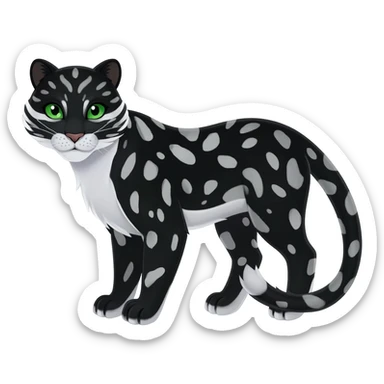 Black Snow Leopard-Panther-hybrid-animal-creature with white stripes and spots and splotch markings, with green eyes sticker