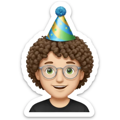 A white guy with curly brown hair and green eyes with a happy face, and wear square glasses.He’s also got a full silver birthday party hat on his head with blue pom poms on top of it, and his T-shirt is all black, he wears a little gold circle earrings on his left  sticker