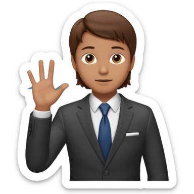 mach mir einen trader an der börse der tradet der so mit einer hand hinter sich deutet um anzug. Aber nur mit einer hand so leicht nach hinten oben und mit braunen haaren sticker